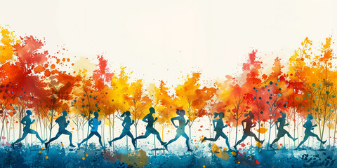 Painting showing multiple individuals running together banner copy space