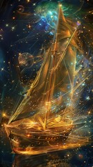A golden sailboat embarks on a cosmic ocean adventure under a starry night sky in this digital art creation. A magical and inspiring journey through the universe.