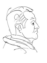Line drawing of an older man with very short hair, profile view, hand-drawn illustration.