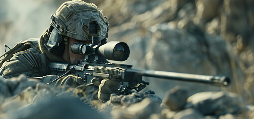 Close-up shot of sniper in camouflage aiming through a high-precision rifle scope, set in a harsh rocky environment - obrazy, fototapety, plakaty