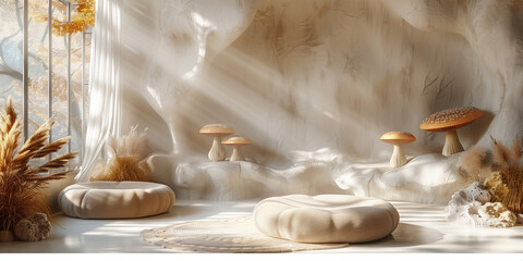 Group of mushrooms fungi. sitting peacefully on vibrant green grass banner copy space mockup