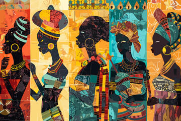 Stylized abstract African figures in geometric art
