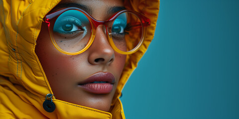 A woman confidently wears a yellow jacket and trendy glasses banner copy space
