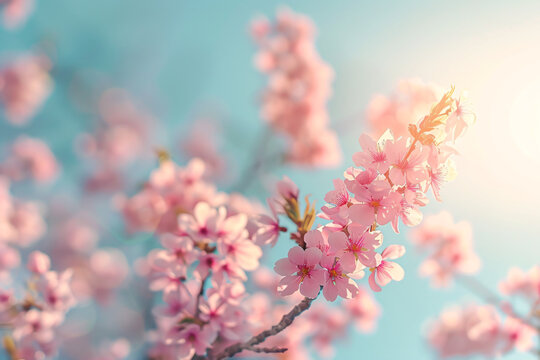Pink cherry blossoms blooming in spring under a clear sky