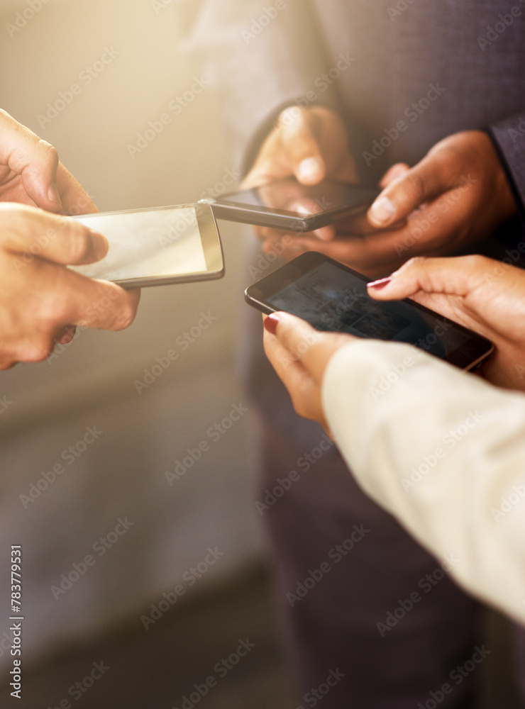 Poster people, together and hands with smartphone in circle for teamwork, support and networking. diversity