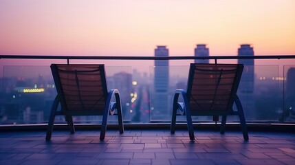 A pair of empty chairs on a balcony overlooking a city skyline, suggesting shared moments and...