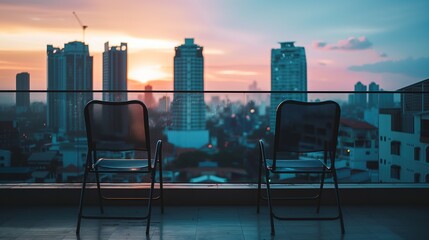 A pair of empty chairs on a balcony overlooking a city skyline, suggesting shared moments and conversation - obrazy, fototapety, plakaty