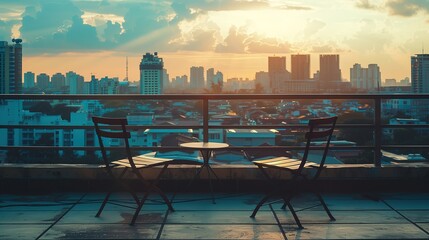 A pair of empty chairs on a balcony overlooking a city skyline, suggesting shared moments and conversation