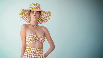 Fashion Model Frau im modernen bauchfreien eleganten Kleid mit Hut blickt in die Kamera, ai generativ - obrazy, fototapety, plakaty