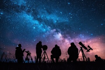 Astronomers Observing Starry Night Sky with Telescopes