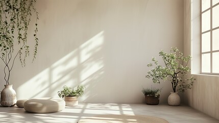 A simple, serene room filled with soft natural light, adorned with minimalist decor and a hint of aromatic herbs