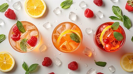 Refreshing Summer Fruit Cocktails with Ice and Mint - obrazy, fototapety, plakaty
