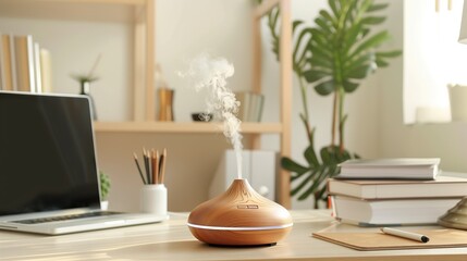 A simple, uncluttered workspace with a diffuser emitting tranquil scents, creating an atmosphere of focus and calm