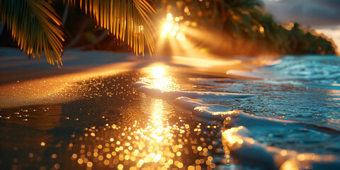 The suns rays illuminate the beach, creating reflections in the water copy space banner - obrazy, fototapety, plakaty