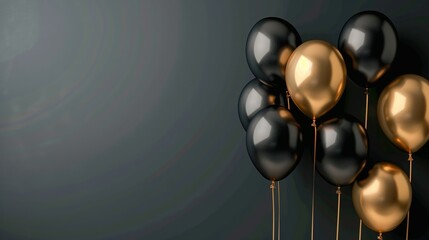Black and golden balloons shimmering against a stylishly dark gray backdrop, evoking an atmosphere of opulence and jubilation, Solid Color Background