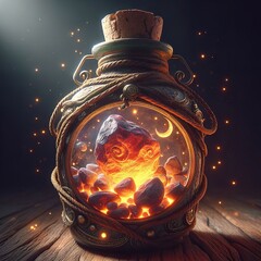 Enchanted Crystal Potion Illuminated in Ornate Bottle Amidst Sparkling Fireflies on Wooden Table - obrazy, fototapety, plakaty