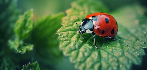 Macro photography, a vibrant red ladybug adorned with delicate black spots leisurely crawling on a lush green leaf