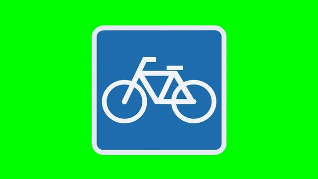 Appearance of the square road sign of a blue and white bicycle indicating a lane reserved for cycle coming from the front on a green background, transparent background with alpha channel