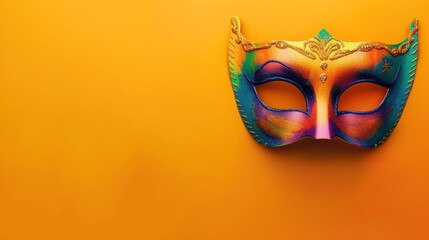 Multicolored carnival mask banner, solid color background with space for text - obrazy, fototapety, plakaty