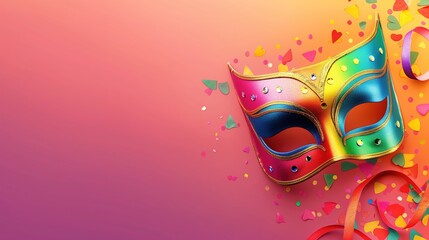 Multicolored carnival mask banner, solid color background with space for text