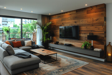 A living room featuring a sizable couch and a modern flat screen TV mockup