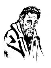 Sketch of an adult sad man with short hair and a beard wearing an oversized hoodie, hand-drawn illustration.
