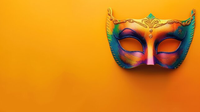 Multicolored carnival mask banner, solid color background with space for text