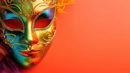 Gardinen Multicolored carnival mask banner, solid color background with space for text © anupdebnath