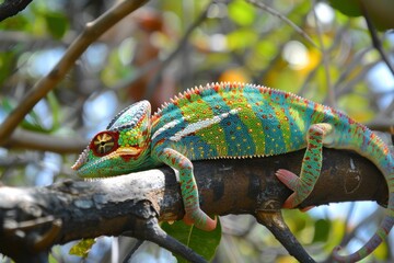 Colorful Chameleon Perched on Branch in Sunlight on Sunny Day Wildlife Background View Wildlife Reptile Animal Nature Beautiful Green Branch Sunlight Summer Outdoor Habitat Closeup Eco Bright Colorful