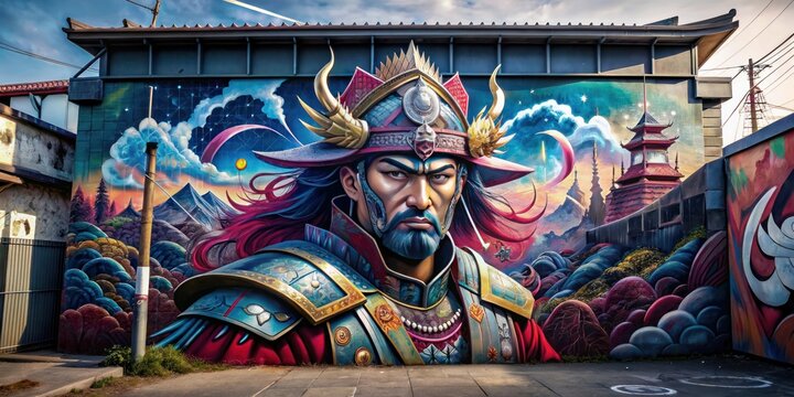Colorful graffiti on ancient temple wall in Asia featuring statues of gods, masks, and vibrant art