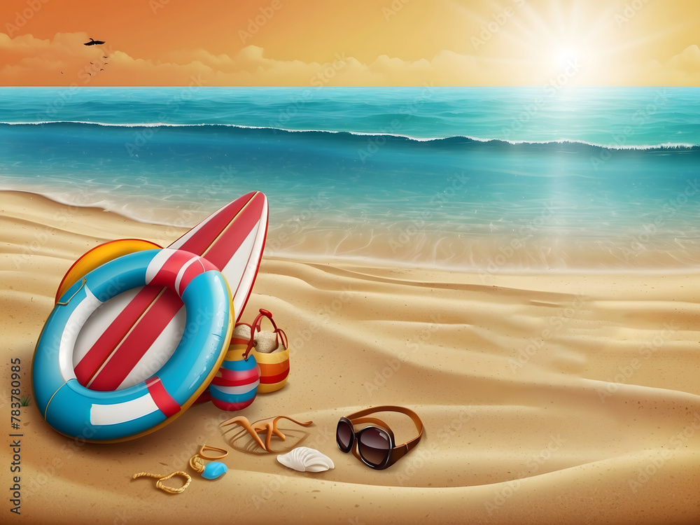 Fototapete summer-time vector banner design. it's summertime text with beach elements like a surfboard, lifebuo