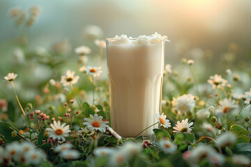 A glass of milk placed in a field blooming with daisies