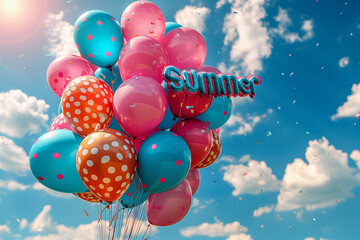 Bunch of balloons with the word summer against a bright blue sky backdrop - obrazy, fototapety, plakaty
