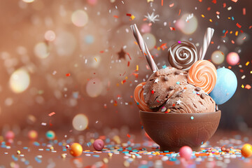 Chocolate chip ice cream in dessert glass bowl,Delicious dessert,decorated with lollipops candy necklaces balloons stars streamers and glittering confetti, Hyper-realistic style, Generative AI - obrazy, fototapety, plakaty
