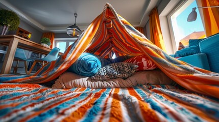 A blanket fort constructed in a living room. - obrazy, fototapety, plakaty