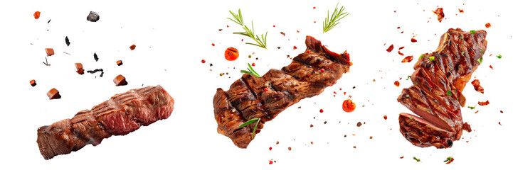 Set of pork steaks with spices isolated on a white or transparent background. Grilled pork chops, beef steaks, grilled pieces of meat flying in the air. Barbecue meat graphic element.