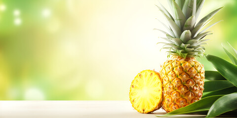 A pineapple with a slice cut out of it on bokeh green and white background
