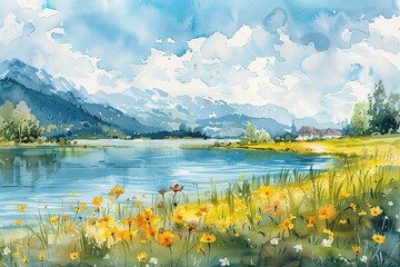 Summer watercolor landscape, meadow with flowers near the river