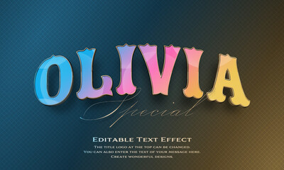 ”Olivia Special” Editable title logo text style effect in blue, pink and bright gold gradation thin golden border, sans serif typeface
 - obrazy, fototapety, plakaty