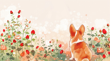 Red berries in flower garden and back view corgi