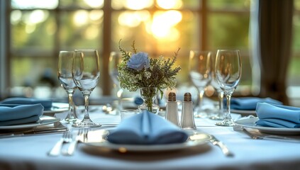 Beautifully set table with blue napkins, silverware and glasses for a special occasion