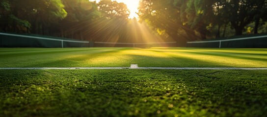 An empty tennis court bathed in the golden light of sunrise, with fresh dew glistening on the grass surface.