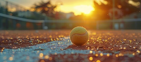 Close-up of a tennis ball on grass court with sun setting in the background, creating a warm, golden - obrazy, fototapety, plakaty