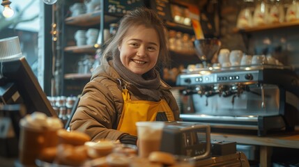 Young person with Down syndrome managing a coffee shop, showing independence and confidence
