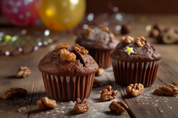 Fototapeta na wymiar Date and walnut muffins, Delicious dessert,decorated with lollipops candy necklaces balloons stars streamers and glittering confetti, Hyper-realistic style, Generative AI