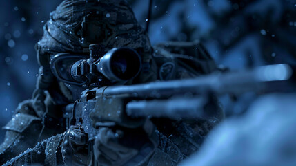 A detailed close-up of a military sniper covered in snow, the focus on the sniper rifle and scope, emphasizing precision and stealth - obrazy, fototapety, plakaty
