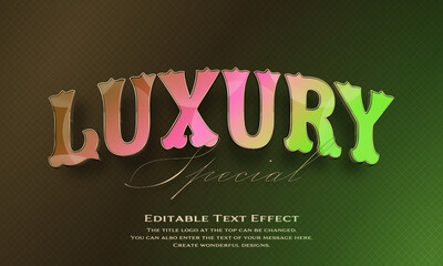 ”Luxury Special” Editable title logo text style effect in dark gold, pink and green gradation thin golden border, sans serif typeface
 - obrazy, fototapety, plakaty