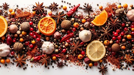 Assortment of Spices and Citrus Fruits on a White Background