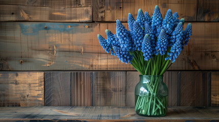 A rustic bouquet of blue grape hyacinths in a clear glass vase against a wooden plank backdrop, evoking a warm, country charm.