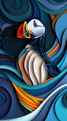 Stylized 3D vector of a puffin with colorful beak, abstract ocean waves in the background,